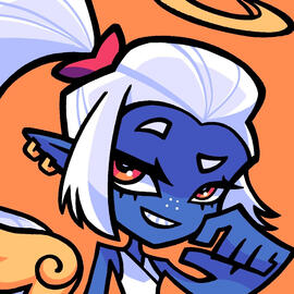 a smirking blue elf with a silver ponytail and freckles